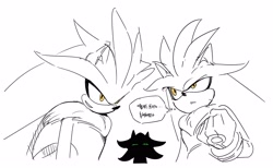 Size: 2660x1637 | Tagged: safe, artist:guitar_00000001, mephiles the dark, 2025, clenched fist, duo, greyscale, korean text, monochrome, simple background, spot color, thought bubble, white background