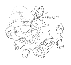 Size: 1511x1390 | Tagged: safe, artist:guitar_00000001, chip, sonic the hedgehog, sonic unleashed, 2025, chiikawa, chili dog, crossover, drooling, food, greyscale, group, korean text, monochrome, simple background, sitting, sketch, smile, sonic the werehog, were form, werehog, white background