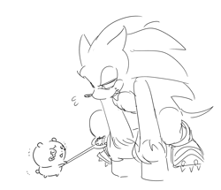 Size: 1379x1187 | Tagged: safe, artist:guitar_00000001, sonic the hedgehog, 2025, chiikawa, crossover, duo, greyscale, looking at each other, looking at them, monochrome, simple background, sketch, sonic the werehog, were form, werehog, white background