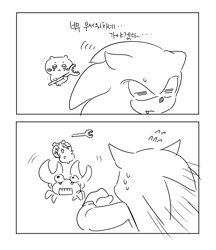 Size: 968x1120 | Tagged: safe, artist:guitar_00000001, sonic the hedgehog, 2025, badnik, chiikawa, comic, crabmeat, crossover, duo, greyscale, holding something, korean text, monochrome, simple background, sketch, white background