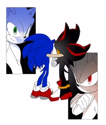 Size: 3494x4096 | Tagged: safe, artist:guitar_00000001, shadow the hedgehog, sonic the hedgehog, 2025, arms folded, duo, from behind, frown, looking at them, simple background, smile, standing, white background