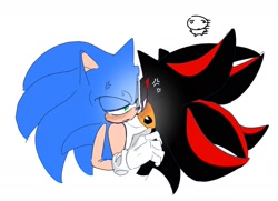 Size: 1968x1426 | Tagged: safe, artist:guitar_00000001, shadow the hedgehog, sonic the hedgehog, 2025, after kiss, blushing, duo, gay, lidded eyes, looking at each other, looking at them, saliva, saliva trail, shadow x sonic, shipping, simple background, white background