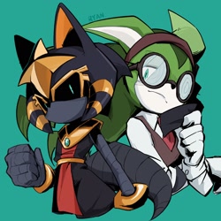 Size: 2048x2048 | Tagged: safe, artist:zq619429, jackal, 2025, black sclera, duality, enigma the phantom thief, female, green background, megani the jackal, self paradox, signature, simple background, solo, solo female