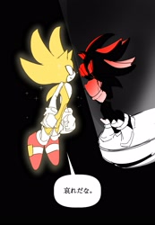 Size: 1788x2591 | Tagged: safe, artist:guitar_00000001, shadow the hedgehog, sonic the hedgehog, super sonic, 2025, duo, korean text, looking at each other, looking at them, sparkles, speech bubble, standing, super form
