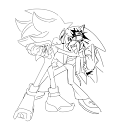 Size: 1511x1576 | Tagged: safe, artist:guitar_00000001, scourge the hedgehog, shadow the hedgehog, 2025, blood, blood on face, greyscale, looking at each other, looking at them, middle finger, monochrome, simple background, sketch, smile, solo, speech bubble, standing