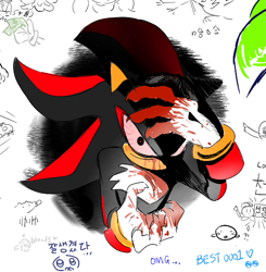 Size: 589x600 | Tagged: safe, artist:guitar_00000001, shadow the hedgehog, 2025, blood, blood on face, hand on own head, heart, korean text, looking at viewer, simple background, solo, white background