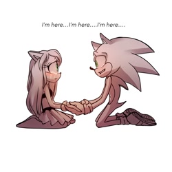 Size: 1500x1500 | Tagged: safe, artist:theemuemi, sonic the hedgehog, oc, oc:emi jones, hedgehog, 2017, blushing, canon x oc, comforting, crying, dialogue, duo, emi x sonic, english text, floppy ears, holding hands, kneeling, looking at each other, sad, shipping, side view, straight, tears, tears of happiness, text