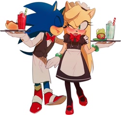 Size: 949x898 | Tagged: safe, artist:theemuemi, sonic the hedgehog, oc, oc:emi jones, hedgehog, 2017, arm around shoulders, blushing, bow, bowtie, canon x oc, chili dog, dress, drink, duo, emi x sonic, female, food, holding something, male, nuzzle, one eye closed, shipping, shirt, simple background, standing, straight, straw, tray, vest, waitor, waitress, white background