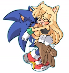 Size: 1863x1969 | Tagged: safe, artist:misswerehog, sonic the hedgehog, oc, oc:emi jones, hedgehog, 2018, canon x oc, duo, emi x sonic, eyes closed, female, hugging, male, mouth open, open smile, outline, shipping, signature, simple background, smile, soap shoes, straight, white background
