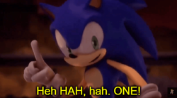 Size: 706x390 | Tagged: safe, sonic the hedgehog, hedgehog, sonic the hedgehog (2006), 3d, caption, edit, edited screencap, english text, hahaha one, looking at viewer, male, pointing, real-time fandub games, screencap, solo, solo male, text