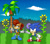 Size: 815x715 | Tagged: safe, artist:torykitty, sally acorn, sonic the hedgehog, chipmunk, hedgehog, green hill zone, 2015, classic sally, classic sonic, duo, grass, holding something, palm tree, ring, sally x sonic, sally's vest and boots, shipping, straight, sunflower