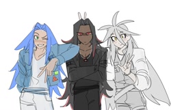 Size: 1318x849 | Tagged: safe, artist:guitar_00000001, shadow the hedgehog, silver the hedgehog, sonic the hedgehog, human, 2025, arms folded, humanized, jacket, looking at viewer, simple background, smile, standing, trio, v sign, white background