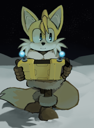 Size: 1116x1521 | Tagged: safe, artist:mew-less, miles "tails" prower, fox, 2025, abstract background, boots, brown gloves, brown shoes, coat, holding something, male, miles electric, nighttime, outdoors, smile, snow, solo, solo male, standing, winter, winter outfit