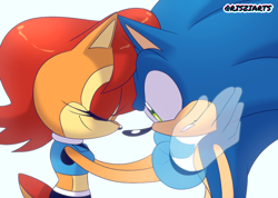 Size: 1304x928 | Tagged: safe, artist:risziarts, sally acorn, sonic the hedgehog, chipmunk, hedgehog, 2024, duo, hand on cheek, looking at viewer, sally x sonic, sally's ringblader outfit, shipping, simple background, straight