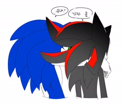 Size: 2284x1905 | Tagged: safe, artist:guitar_00000001, shadow the hedgehog, sonic the hedgehog, 2025, arm around shoulders, duo, from behind, korean text, simple background, speech bubble, white background