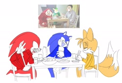 Size: 1947x1328 | Tagged: safe, artist:guitar_00000001, knuckles the echidna, miles "tails" prower, sonic the hedgehog, 2025, chair, chopsticks, food, holding something, laughing, lidded eyes, looking at them, mouth open, reference inset, simple background, sitting, smile, table, team sonic, trio, white background