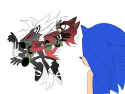 Size: 1596x1204 | Tagged: safe, artist:guitar_00000001, gadget the wolf, infinite the jackal, sonic the hedgehog, sonic forces, 2025, fight, infinite's mask, looking at them, simple background, trio, white background