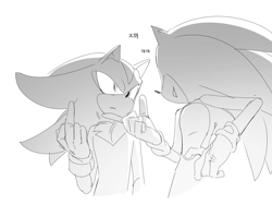 Size: 1820x1361 | Tagged: safe, artist:guitar_00000001, shadow the hedgehog, sonic the hedgehog, 2025, duo, greyscale, korean text, looking at each other, looking at them, middle finger, monochrome, simple background, smile, white background