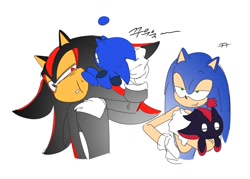 Size: 1480x1061 | Tagged: safe, artist:guitar_00000001, shadow the hedgehog, sonic the hedgehog, chao, 2025, group, korean text, lidded eyes, looking at them, shadow chao, simple background, smile, sonic chao, white background