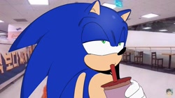 Size: 1992x1122 | Tagged: safe, artist:guitar_00000001, sonic the hedgehog, 2025, cup, drink, drinking, holding something, lidded eyes, photographic background, solo