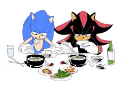 Size: 1553x1105 | Tagged: safe, artist:guitar_00000001, shadow the hedgehog, sonic the hedgehog, 2025, chopsticks, cup, duo, eating, food, holding something, lidded eyes, mouth open, simple background, white background