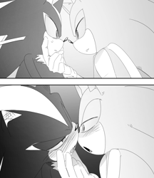 Size: 1858x2153 | Tagged: safe, artist:guitar_00000001, shadow the hedgehog, sonic the hedgehog, 2025, comic, duo, gay, greyscale, hand on another's chin, hand on another's face, imminent kissing, looking at each other, looking at them, monochrome, shadow x sonic, shipping
