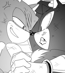 Size: 567x640 | Tagged: safe, artist:guitar_00000001, shadow the hedgehog, sonic the hedgehog, 2025, angry, clenched teeth, duo, greyscale, grin, looking at each other, looking at them, monochrome, smile