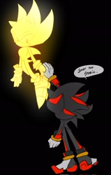 Size: 1300x2048 | Tagged: safe, artist:tamjeong_sonic, shadow the hedgehog, sonic the hedgehog, super sonic, 2025, arm up, black background, duo, english text, gay, holding hands, looking at them, shadow x sonic, shipping, simple background, speech bubble, standing, super form