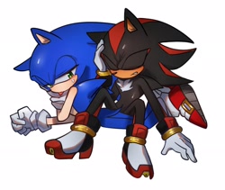 Size: 2048x1728 | Tagged: safe, artist:tamjeong_sonic, shadow the hedgehog, sonic the hedgehog, 2025, duo, eyes closed, gay, lidded eyes, looking at them, lying down, lying on front, shadow x sonic, shipping, simple background, sitting, white background