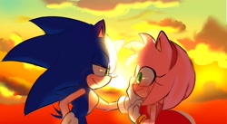 Size: 1155x631 | Tagged: safe, artist:tamjeong_sonic, amy rose, sonic the hedgehog, 2025, amy x sonic, blushing, clouds, duo, hand on another's face, lidded eyes, looking at each other, looking at them, outdoors, shipping, smile, straight, sun, sunset, wagging tail