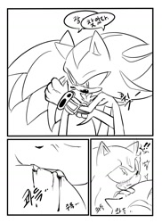 Size: 936x1288 | Tagged: suggestive, artist:tamjeong_sonic, shadow the hedgehog, sonic the hedgehog, 2025, biting, blood, blushing, comic, duo, gay, greyscale, hand on another's head, korean text, monochrome, shadow x sonic, shipping, simple background, standing, white background
