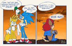 Size: 2048x1313 | Tagged: safe, artist:tracingpapier, miles "tails" prower, sally acorn, sonic the hedgehog, chipmunk, fox, hedgehog, 2023, alternate universe, comic, drink, drinking, english text, evening, female, holding something, male, sally x sonic, sally's vest and boots, shipping, sitting, sketch, speech bubble, straight, towel, trio, water, water bottle