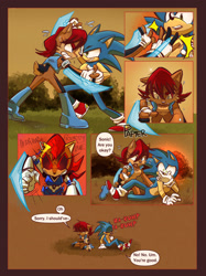 Size: 2048x2731 | Tagged: safe, artist:tracingpapier, sally acorn, sonic the hedgehog, chipmunk, hedgehog, 2023, alternate universe, comic, dialogue, duo, english text, evening, female, gasping, male, mecha sally, sally x sonic, sally's vest and boots, shipping, sitting, speech bubble, straight, trauma