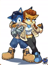 Size: 1170x1610 | Tagged: safe, artist:raizarts, sally acorn, sonic the hedgehog, chipmunk, hedgehog, 2025, alternate hairstyle, alternate outfit, cap, clothes, duo, female, fully clothed, hat, jacket, looking at viewer, male, necklace, pants, pose, sally x sonic, scarf, shipping, shirt, shoes, simple background, straight, timberland (brand), white background