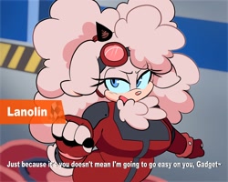 Size: 2000x1600 | Tagged: safe, artist:quaverdraws, lanolin the sheep, sheep, 2025, alternate outfit, dialogue, english text, gadget x lanolin, goggles, racing suit, shipping, solo, sonic racing crossworlds, straight