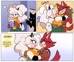 Size: 2538x2127 | Tagged: safe, artist:quaverdraws, gadget the wolf, lanolin the sheep, mimic the octopus, sheep, wolf, 2025, blushing, comic, crack shipping, dialogue, disguise, duo, english text, female, gadget x lanolin, holding something, male, paper, shipping, speech bubble, straight, working