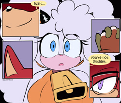 Size: 2538x2170 | Tagged: safe, artist:quaverdraws, lanolin the sheep, mimic the octopus, sheep, wolf, 2025, comic, crack shipping, dialogue, disguise, duo, english text, female, gadget x lanolin, male, realization, shipping, speech bubble, straight