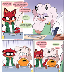 Size: 2289x2581 | Tagged: safe, artist:quaverdraws, gadget the wolf, lanolin the sheep, sheep, wolf, 2026, blushing, chair, clothes, comic, dialogue, dinner, drink, ear piercing, english text, female, food, gadget x lanolin, glasses, hand on another's shoulder, holding something, lanolin's mother, lemonade, male, piercing, plate, shipping, shirt, sitting, speech bubble, spoon, straight, table, trio, vest