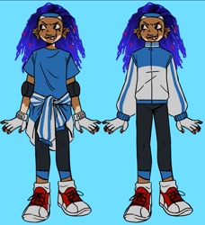 Size: 913x1000 | Tagged: safe, artist:nightgarla, sonic the hedgehog, human, 2023, blue background, clothes, ear piercing, earring, eyelashes, fully clothed, humanized, jacket, jacket around waist, looking offscreen, simple background, smile, solo, standing, vitiligo