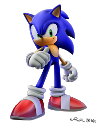 Size: 2975x3850 | Tagged: safe, artist:sirloinburgers, sonic the hedgehog, 2013, absurd res, faux 3d, lineless, looking at viewer, pointing, signature, simple background, smile, solo, standing, transparent background