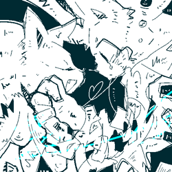 Size: 500x500 | Tagged: safe, artist:34_6, sonic the hedgehog, super sonic, 2025, blue background, dark form, dark sonic, duo, eyes closed, heart, holding hands, looking at them, monochrome, mouth open, simple background, sketch, smile, super form, tears