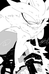 Size: 336x500 | Tagged: safe, artist:34_6, silver the hedgehog, 2025, black background, greyscale, lidded eyes, monochrome, signature, simple background, solo, tongue out, venice the hedgehog