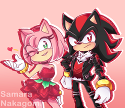 Size: 1280x1105 | Tagged: safe, artist:imogakan, amy rose, shadow the hedgehog, hedgehog, 2020, amy x shadow, clothes, dress, duo, female, fully clothed, heart, jacket, looking at viewer, male, pose, shipping, straight