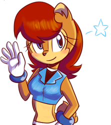 Size: 4000x4500 | Tagged: safe, artist:pinkmba2, sally acorn, chipmunk, 2018, female, looking at viewer, sally's ringblader outfit, simple background, solo, star (symbol), waving, white background