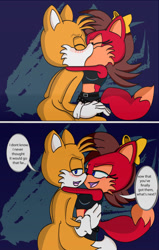 Size: 768x1209 | Tagged: safe, artist:herl89, fiona fox, miles "tails" prower, fox, 2020, blushing, comic, dialogue, duo, english text, female, fiona x tails, kiss, male, shipping, speech bubble, straight