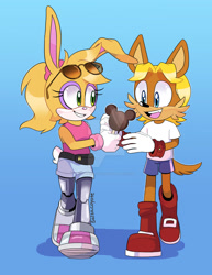 Size: 1024x1326 | Tagged: safe, artist:salsacoyote, antoine d'coolette, bunnie rabbot, coyote, rabbit, clothes, cybernetic, duo, female, food, fully clothed, glasses, gradient background, grin, holding something, ice cream, male, mouth open, obtrusive watermark, open smile, shirt, shorts, simple background, smile, watermark
