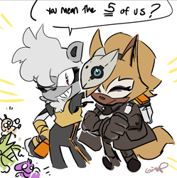 Size: 1492x1496 | Tagged: safe, artist:gee_dutreix, charmy bee, espio the chameleon, tangle the lemur, vector the crocodile, whisper the wolf, bee, crocodile, lemur, wolf, 2026, chameleon, dialogue, duo focus, english text, female, group, male, simple background, smile, speech bubble, white background