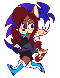 Size: 1280x1663 | Tagged: safe, artist:sassymelvin, sally acorn, sonic the hedgehog, chipmunk, hedgehog, 2026, blank background, blushing, carrying them, clothes, duo, female, fully clothed, gloves, male, sally x sonic, shipping, shirt, shorts, smile, straight, vest, walking