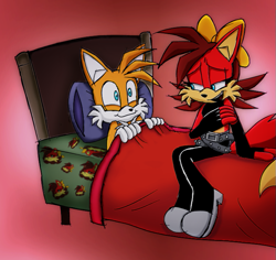 Size: 653x617 | Tagged: safe, artist:fanartist2020, artist:fartist2020, artist:mondfunken, fiona fox, miles "tails" prower, fox, 2025, alternate version, bed, blanket, colored version, duo, female, fiona x tails, looking at each other, lying on bed, male, pillow, redraw, shipping, simple background, straight