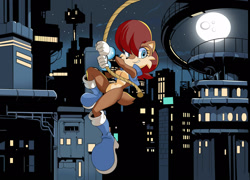 Size: 1600x1152 | Tagged: safe, artist:gameboysage, sally acorn, chipmunk, 2026, city, female, looking at viewer, moon, nighttime, ringblader, sally's vest and boots, solo, swing